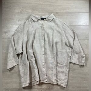 Toni T. 3X Plus 100% Linen Button Front Cream Blouse Lagenlook